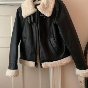 Levi’s Black and Cream Leather Jacket with Shearling Trim